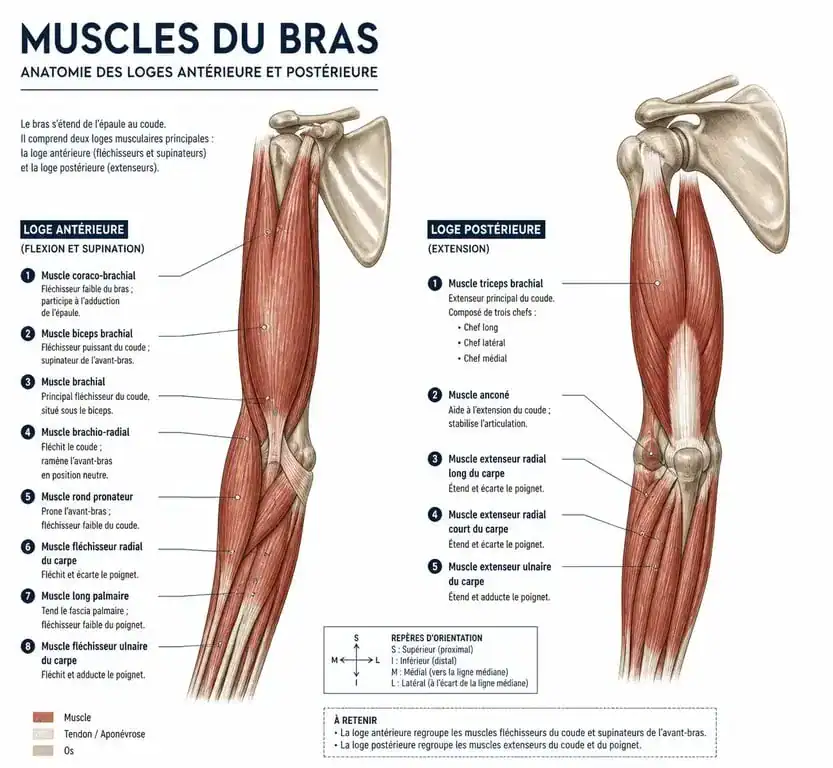 Schéma anatomique des muscles du bras : biceps, triceps et muscles profonds
