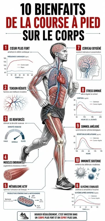 Infographie des 10 bienfaits de la course à pied sur la santé physique et mentale