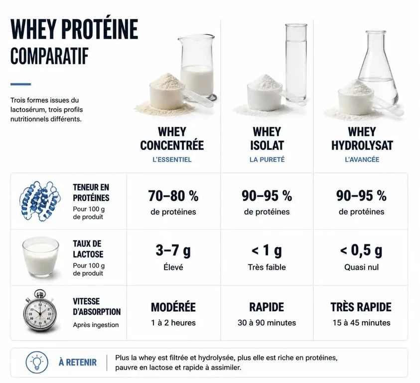 Infographie comparative des types de whey protéine : concentrée, isolat et hydrolysat pour comprendre pourquoi prendre de la whey