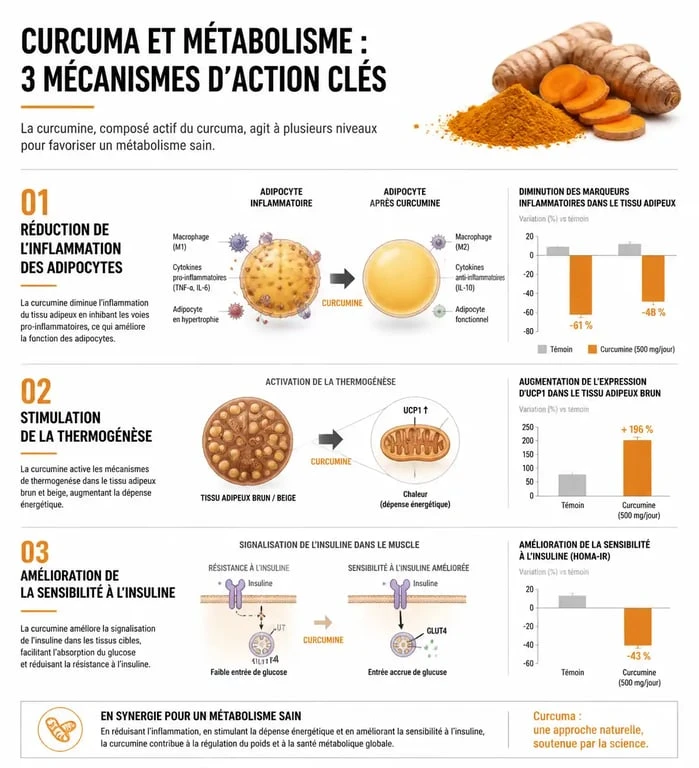 Schéma des mécanismes d'action du curcuma et perte de poids sur le métabolisme