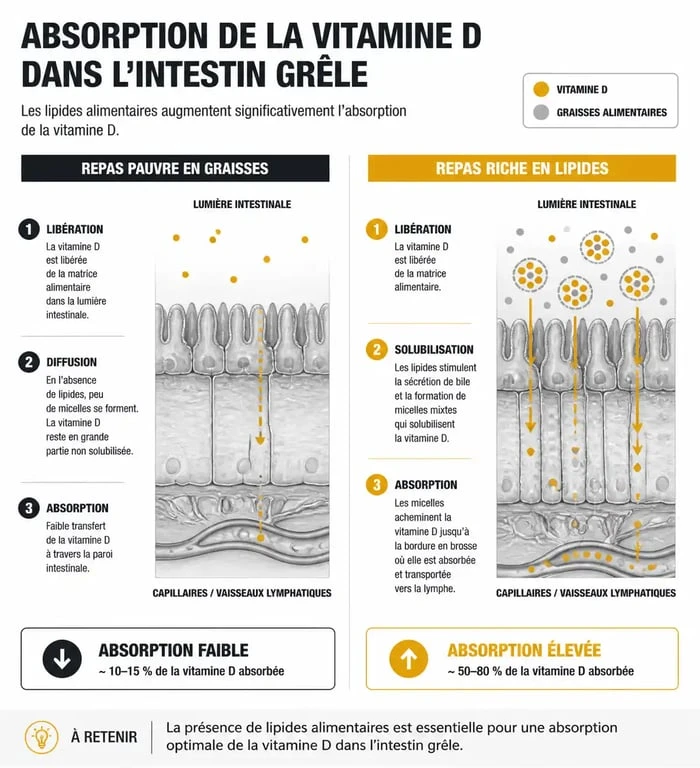 Schéma illustrant l'absorption optimale de la vitamine D avec des lipides pour comprendre pourquoi prendre la vitamine D le soir est efficace.
