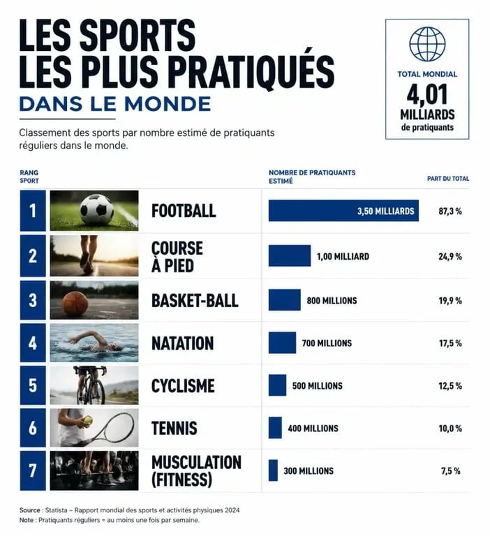 Infographie comparative des sports les plus pratiqués au monde par nombre de fans et accessibilité