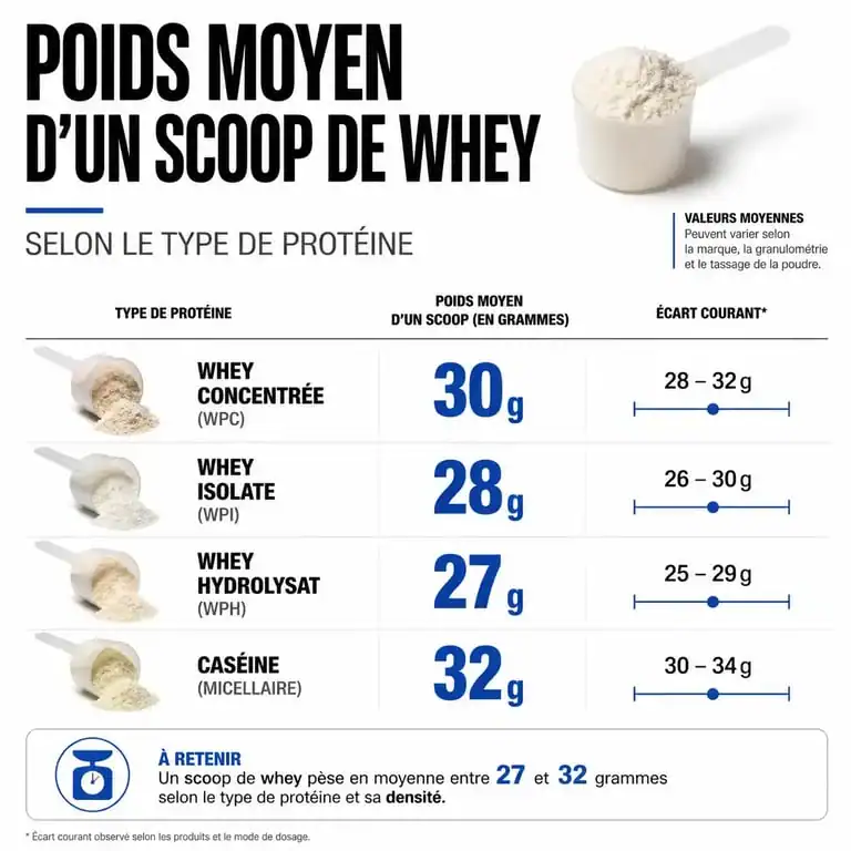 Infographie comparative du poids d'un scoop de whey en grammes selon le type de protéine