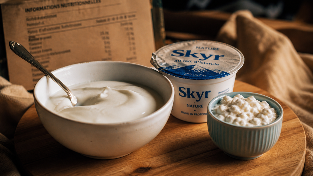 Fromage blanc protéiné, bol de protéines avec cuillère