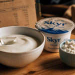 Fromage blanc protéiné, bol de protéines avec cuillère