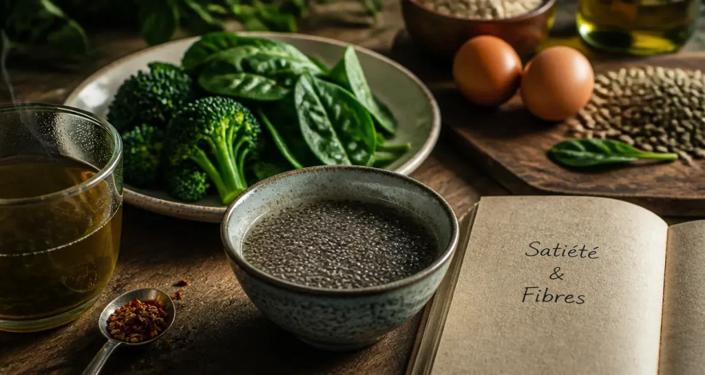 Les 20 aliments qui font maigrir : bol de chia, légumes verts, thé vert