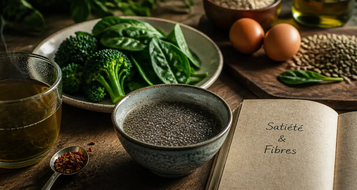 Les 20 aliments qui font maigrir : bol de chia, légumes verts, thé vert