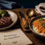 Assiette proteines vegetales ou animales, steak et curry de lentilles