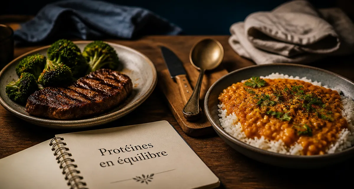 Assiette proteines vegetales ou animales, steak et curry de lentilles