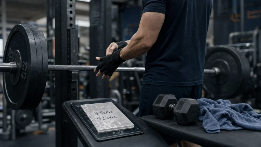 3 ou 4 series muscu en salle : banc, barre et carnet