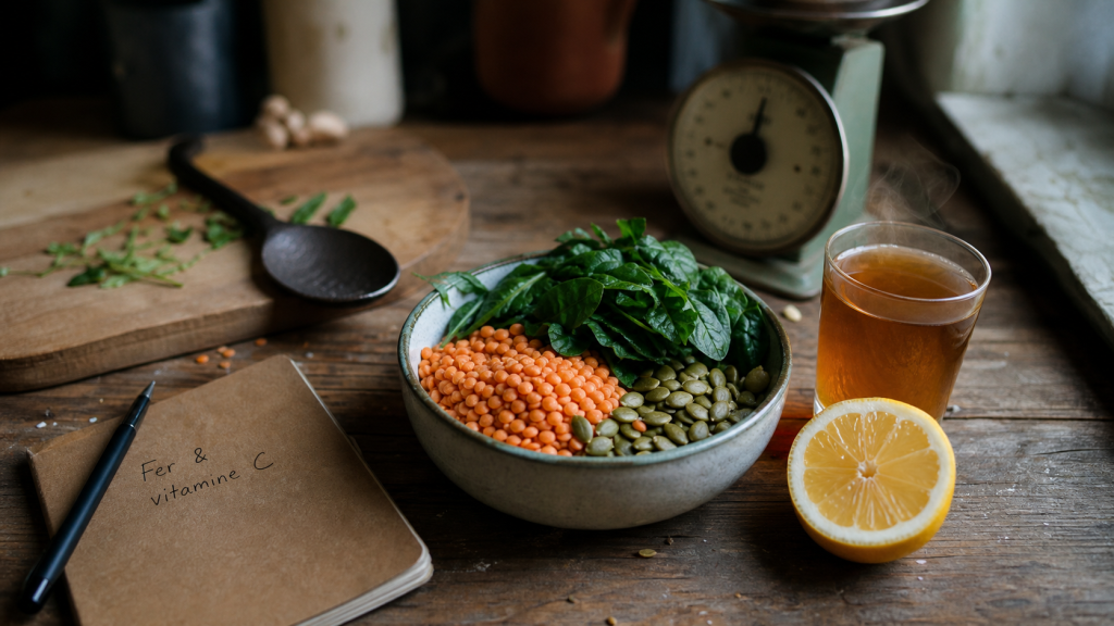 Aliment pour manque de fer : lentilles corail, épinards et vitamine C au citron