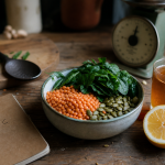 Aliment pour manque de fer : lentilles corail, épinards et vitamine C au citron