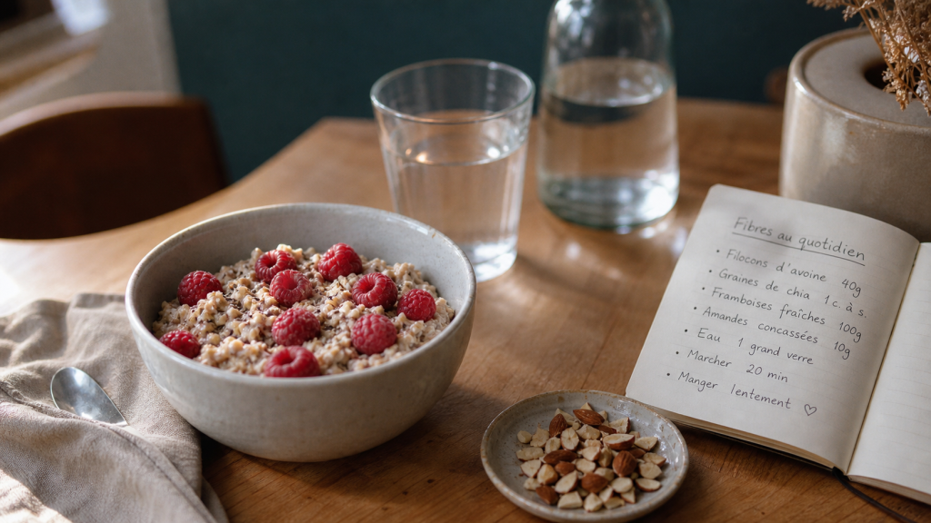 Aliments contenant des fibres : porridge aux flocons d’avoine, chia et framboises
