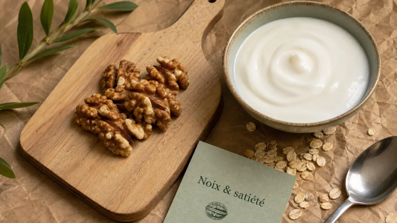 Bienfaits des noix : satiété et bonnes graisses (noix, yaourt, flocons d’avoine)