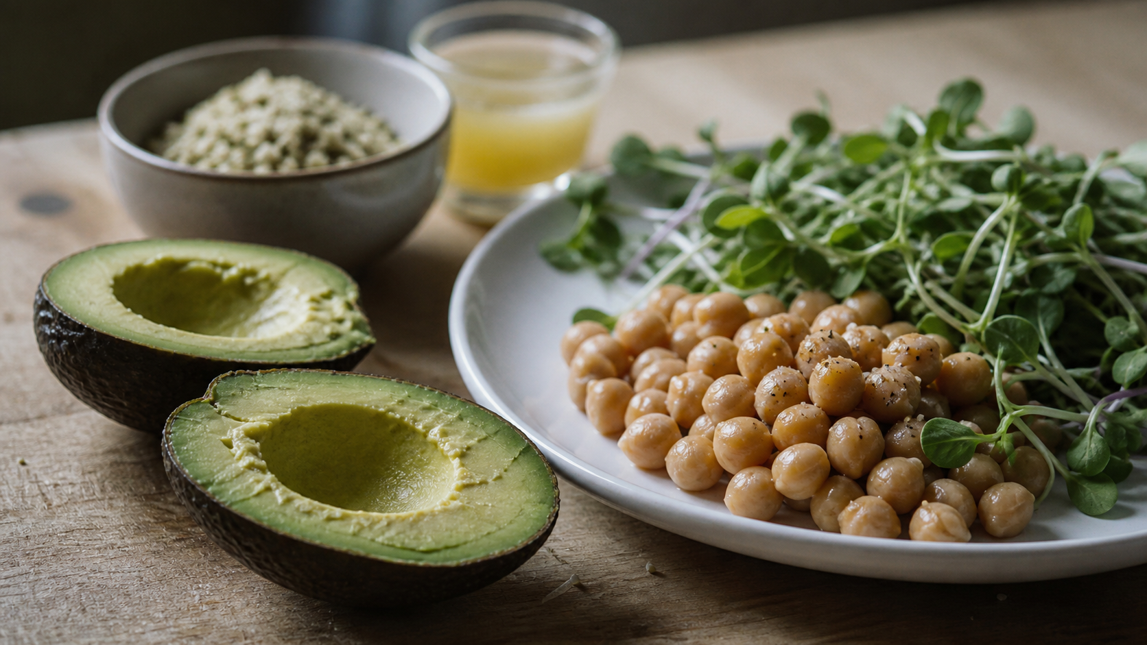Combien de protéine dans un avocat : avocat, pois chiches et graines sur table