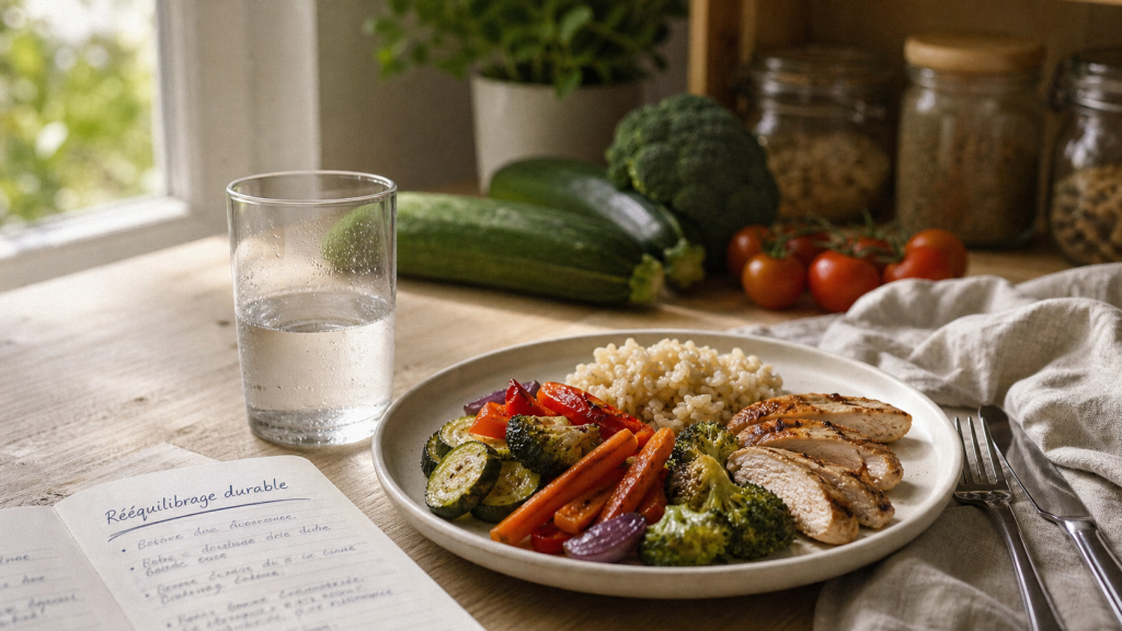Comment faire un reequilibrage alimentaire : assiette équilibrée légumes et riz