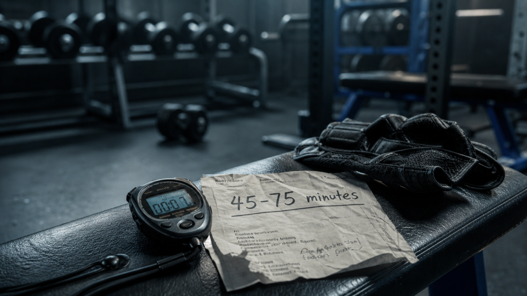 Durée séance musculation 45-75 minutes, chronomètre en salle