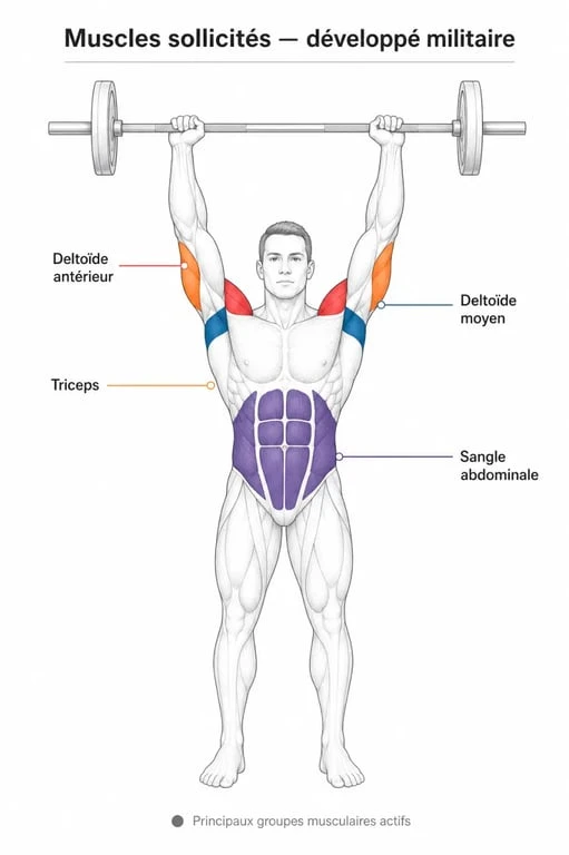 Schéma des muscles sollicités lors du développé militaire pour le renforcement des épaules