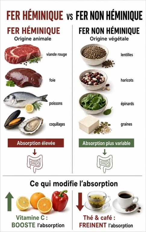 Infographie sur les aliments riches en fer et les facteurs d'absorption pour lutter contre le manque de fer