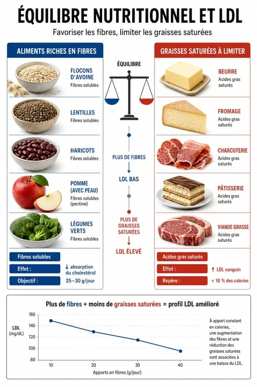 Infographie sur les principes d'un menu anti-cholestérol et perte de poids pour réduire le LDL