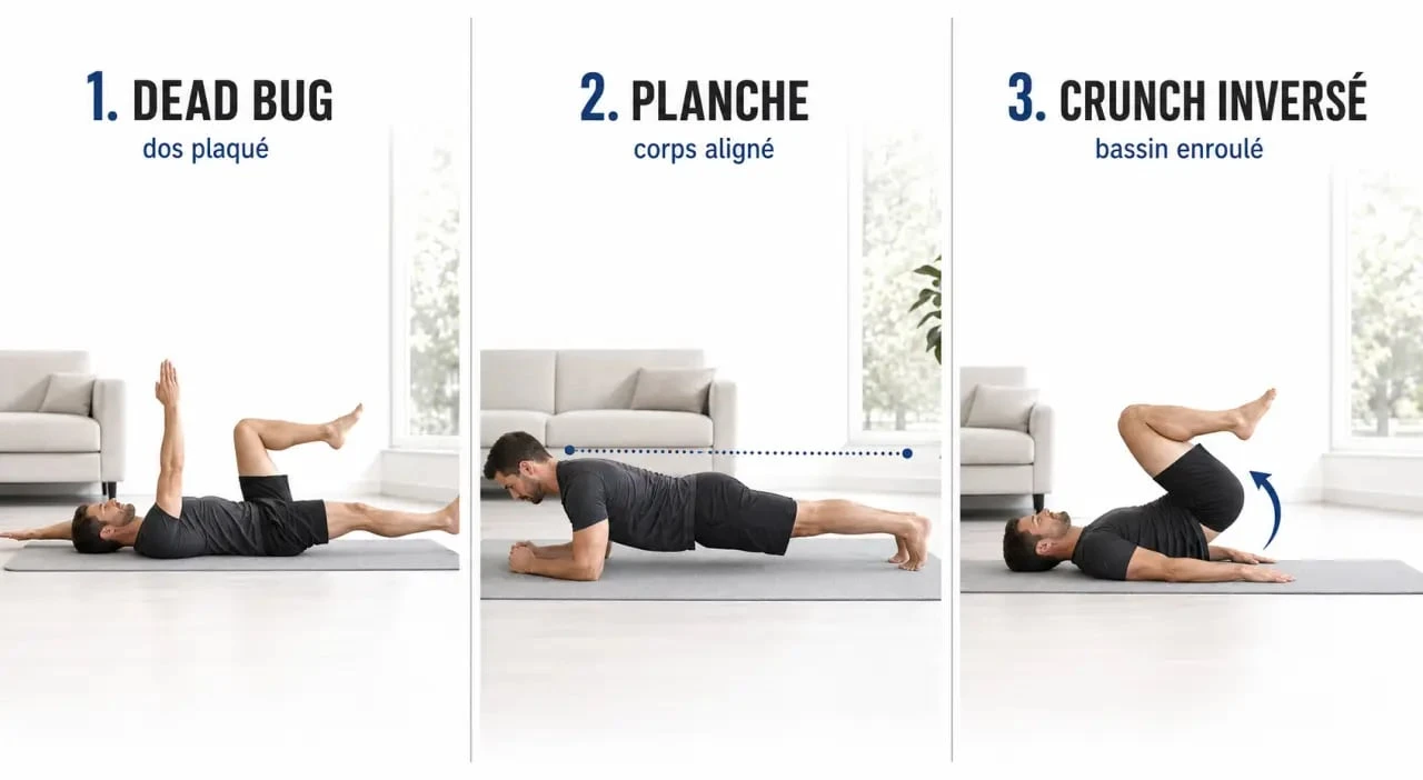 Programme abdos homme maison : illustration séquentielle des exercices dead bug, planche et reverse crunch à domicile