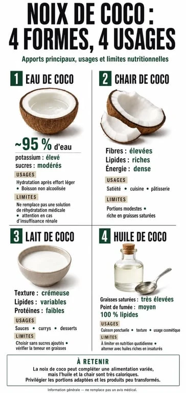 Les bienfaits de la noix coco : infographie sur l’eau, la chair, le lait et l’huile de coco