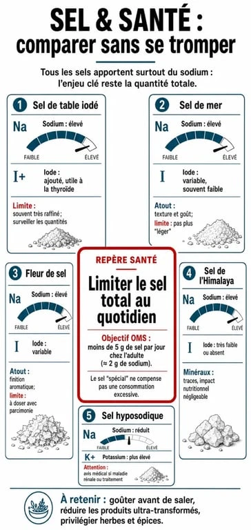 Infographie sur le meilleur sel pour la santé comparant sel de table iodé, sel de mer, fleur de sel, sel de l’Himalaya et sel hyposodique