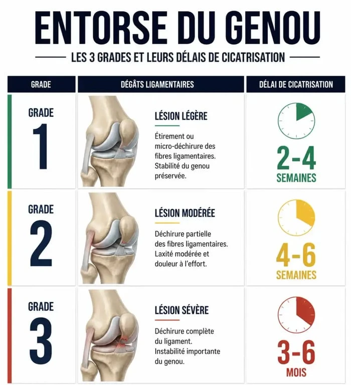 Infographie des délais de guérison selon le grade de l'entorse du genou