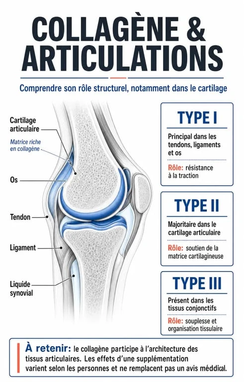 Infographie sur le collagène pour les articulations : rôle du cartilage, différence entre type 1 et type 2