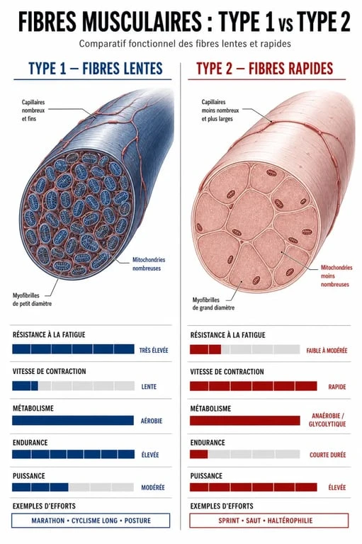Fibres musculaires type 1 et 2 : comparaison visuelle entre fibres lentes et fibres rapides