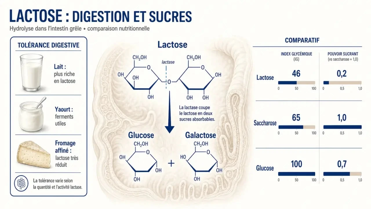 Le sucre du lait expliqué en schéma scientifique avec lactose, digestion et comparaison des sucres