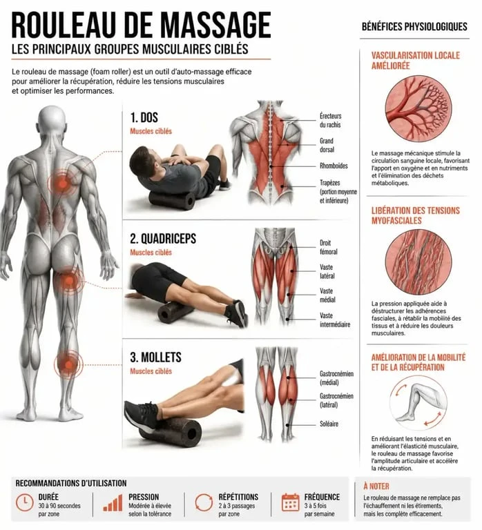 Infographie des bénéfices et zones musculaires ciblées par le rouleau de massage pour la récupération sportive