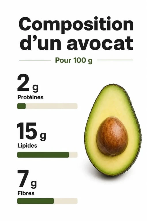Infographie nutritionnelle : composition et protéines dans un avocat pour 100g