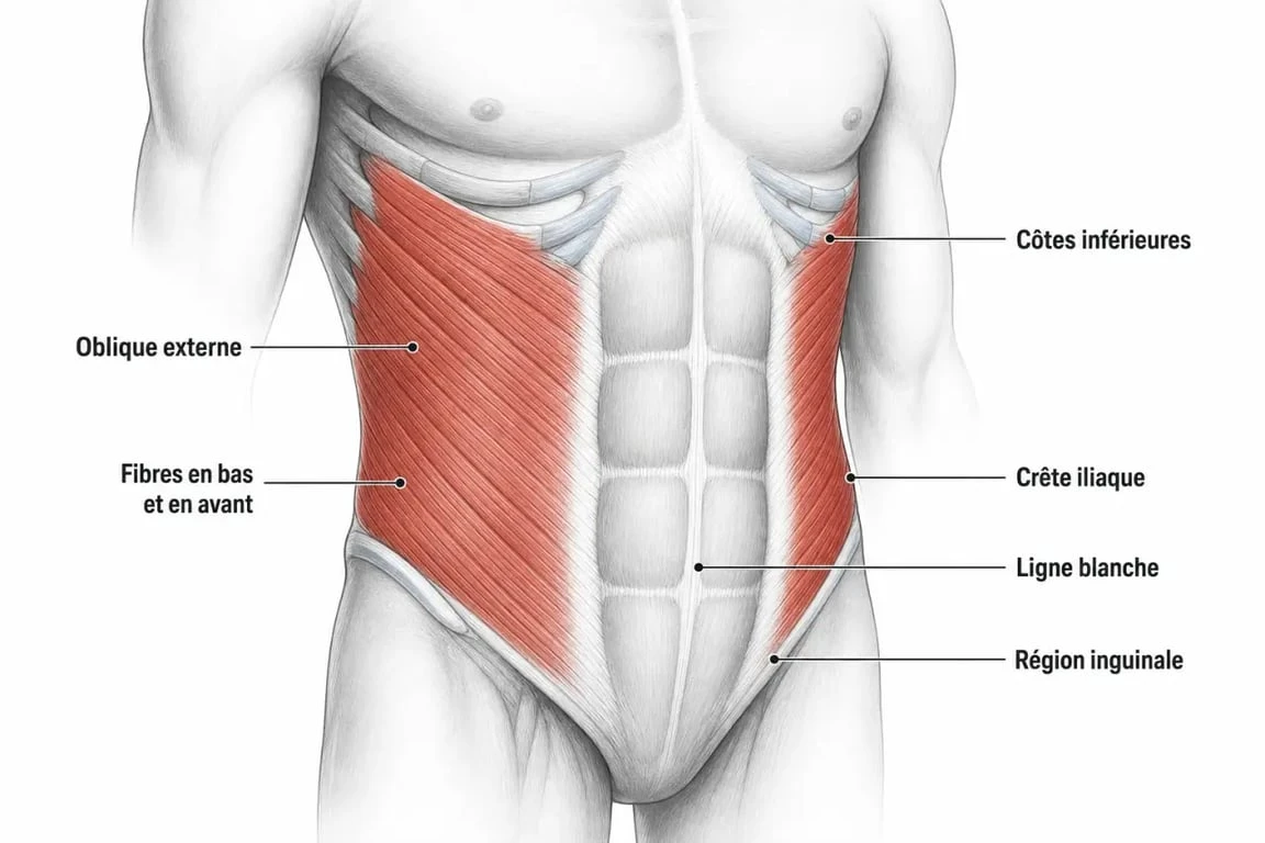 Schéma du muscle oblique externe de l abdomen montrant ses fibres, ses attaches costales et ses insertions vers la ligne blanche et le bassin
