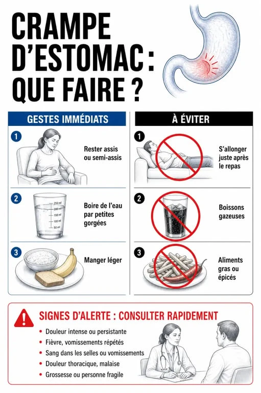 Crampe estomac que faire : illustration des gestes immédiats pour soulager et des signes d’alerte