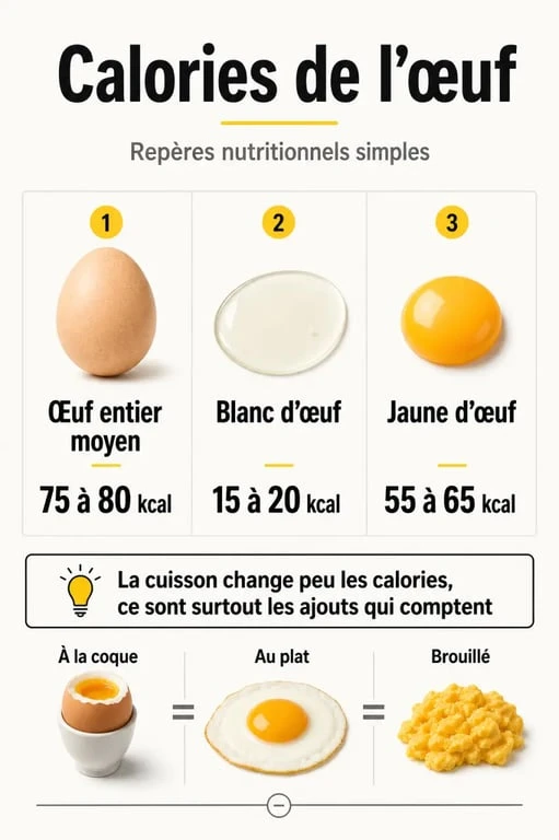 Infographie sur les calories oeuf : œuf entier, blanc et jaune avec repères calorifiques