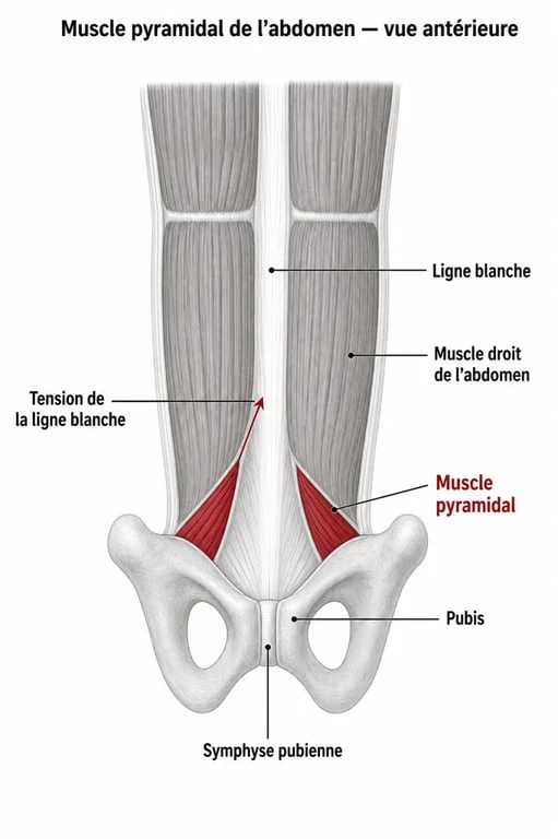 Schéma du muscle pyramidal de l abdomen montrant sa position près du pubis et de la ligne blanche