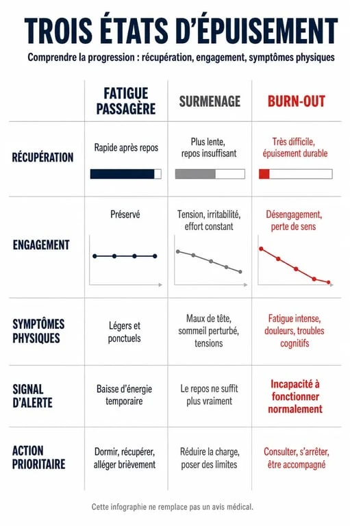 Infographie comparative des symptômes : fatigue passagère, surmenage et burn-out pour identifier son état de santé.