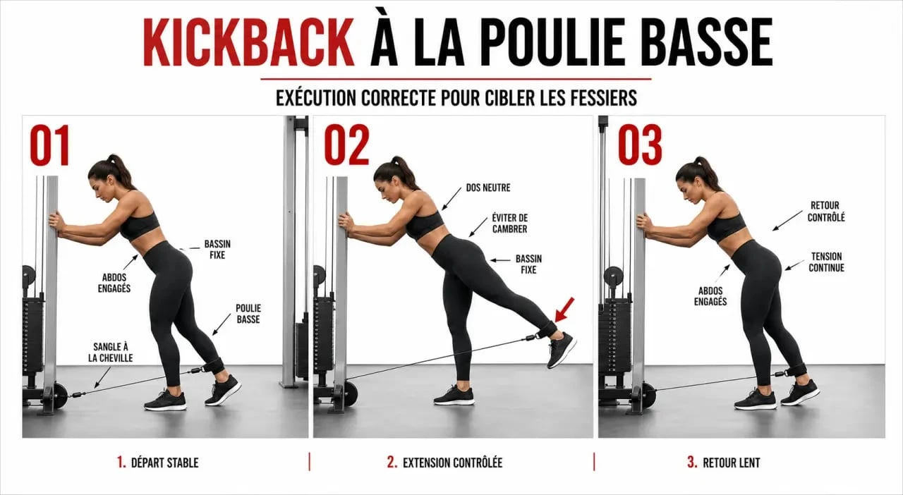 Exercice fessier poulie avec placement du corps et étapes du kickback à la poulie basse