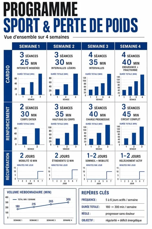 Infographie sur le programme maigrir par le sport avec cardio, renforcement et progression sur 4 semaines