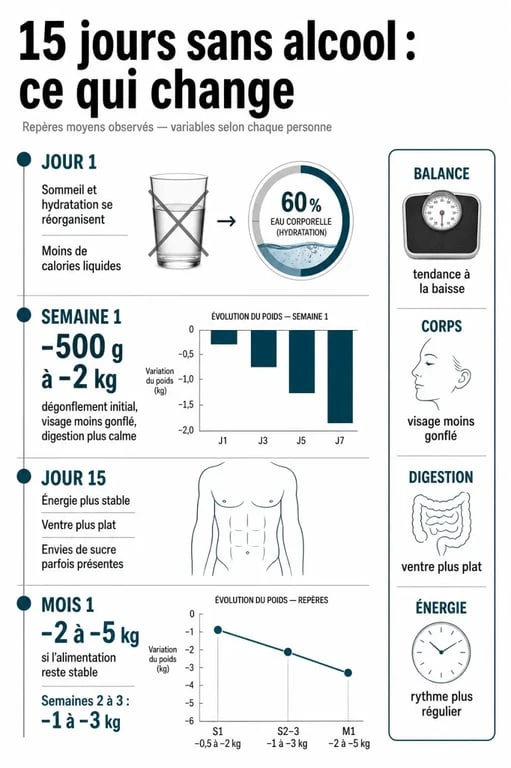 Perte de poids après 15 jours sans alcool : chronologie des effets sur la balance, le visage et le ventre