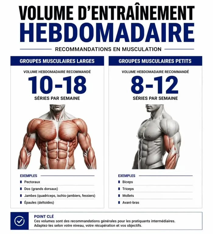Infographie des recommandations de séries par muscle par semaine pour la musculation