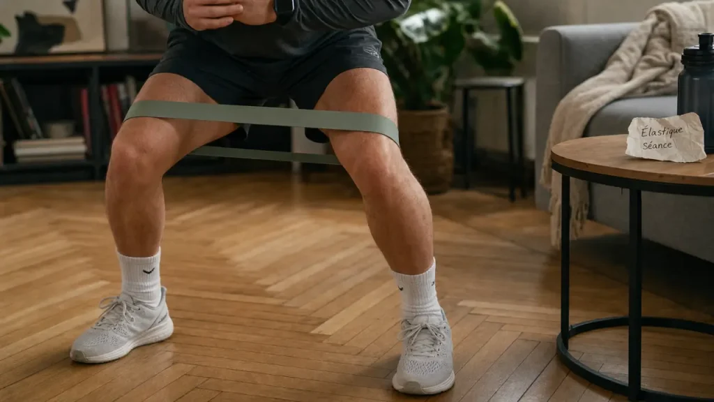 Exercice elastique : pas latéraux demi-squat avec bande élastique