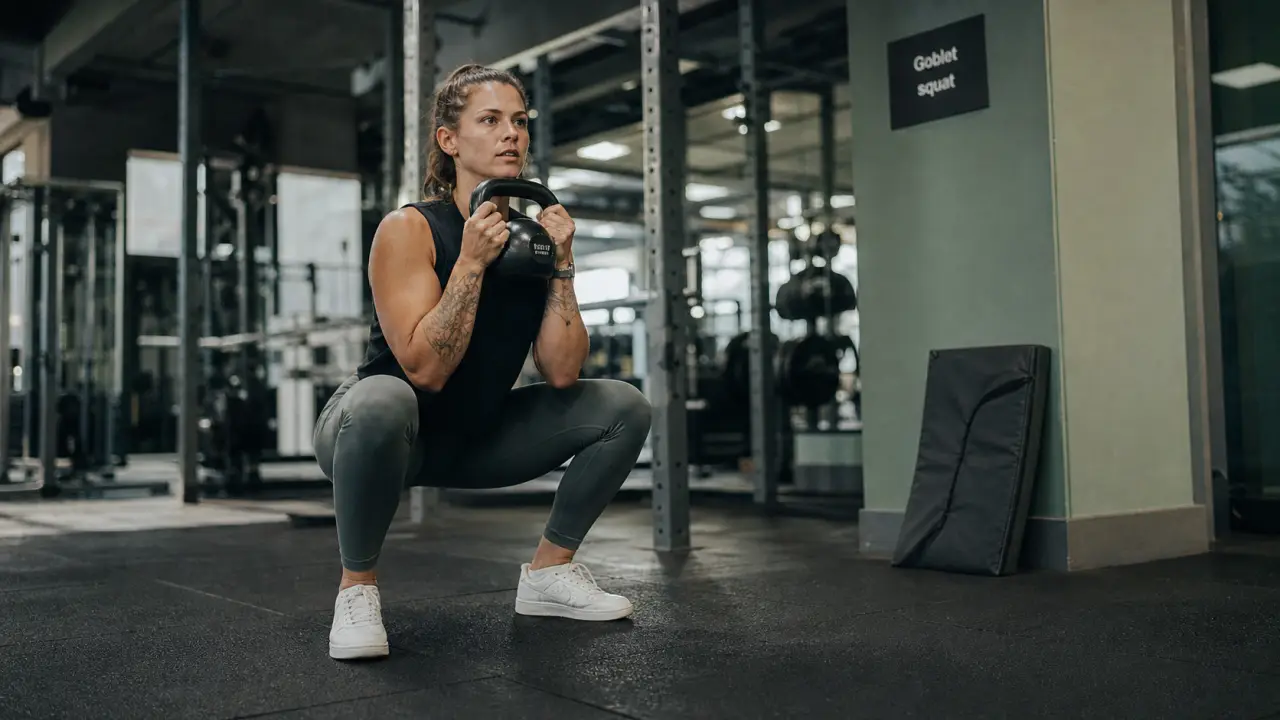 Goblet squat : poitrine haute, talons au sol en salle de sport