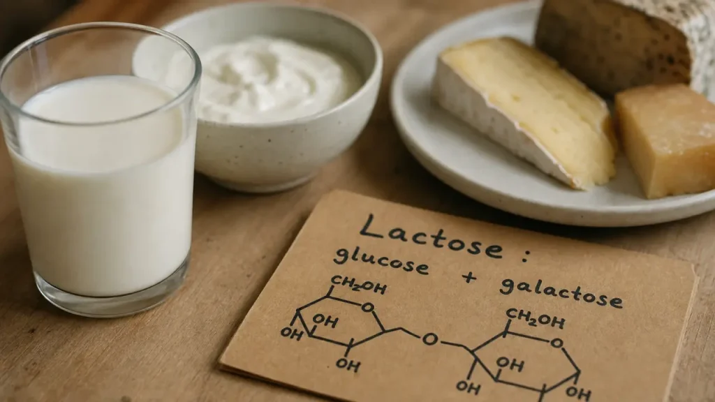 Le sucre du lait : lactose (glucose + galactose) dans le lait et le fromage