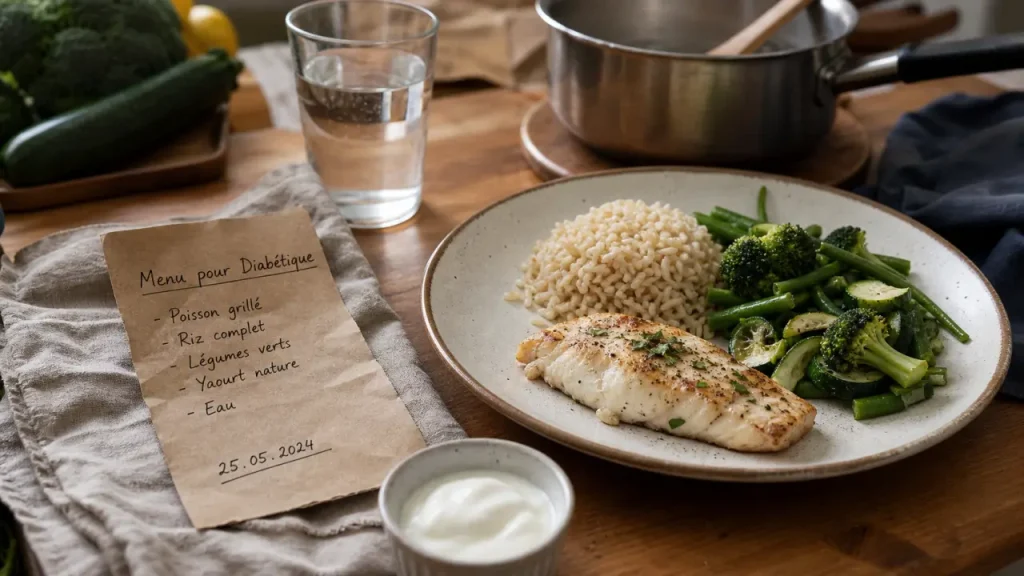 Menu pour diabetique équilibré : assiette légumes verts, riz complet, poisson