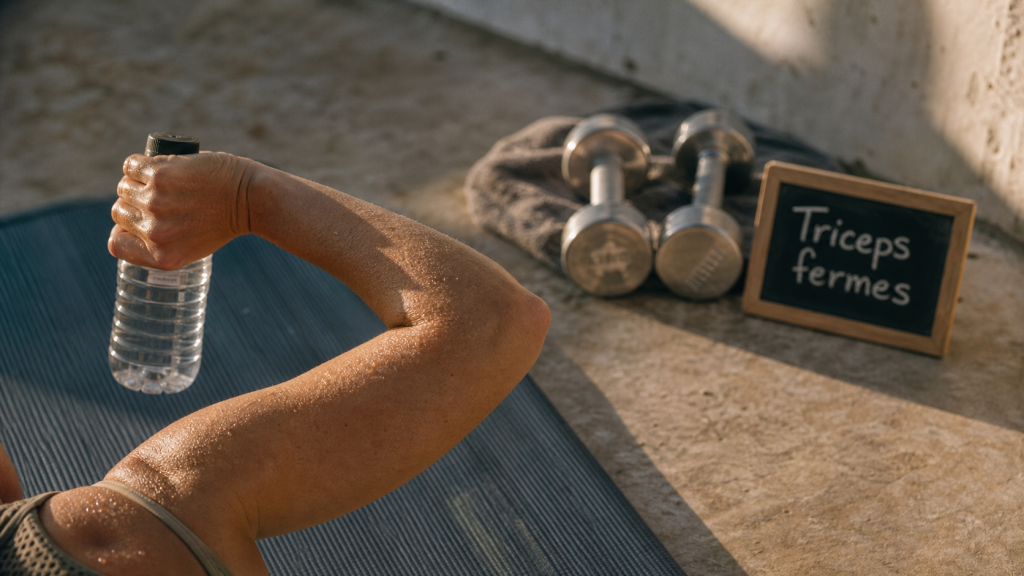 Muscle sous les bras : triceps fermes, bras en flexion pour pompes