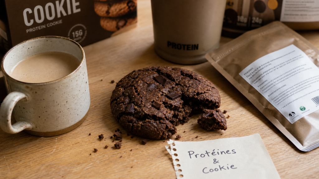 Protein cookie : cookie protéiné chocolat noir, texture épaisse et morceaux