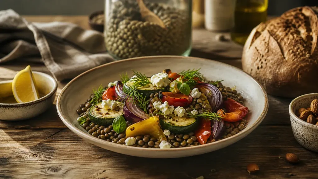 Regime cretois : assiette avec lentilles, légumes, feta et huile d’olive