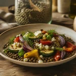 Regime cretois : assiette avec lentilles, légumes, feta et huile d’olive